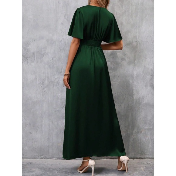 Plunging Neck Butterfly Sleeve Split Thigh Satin maxi Dress navy blue - Picture 11 of 12